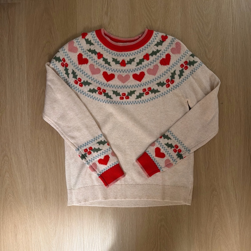 Boden Cream Crewneck Sweater with Red and Pink Heart Yoke
